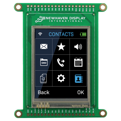 Front view of a green circuit board with an integrated 2.4-inch IPS TFT display showing a telephone menu featuring a grid of icons for contacts, voicemails, settings, etc.