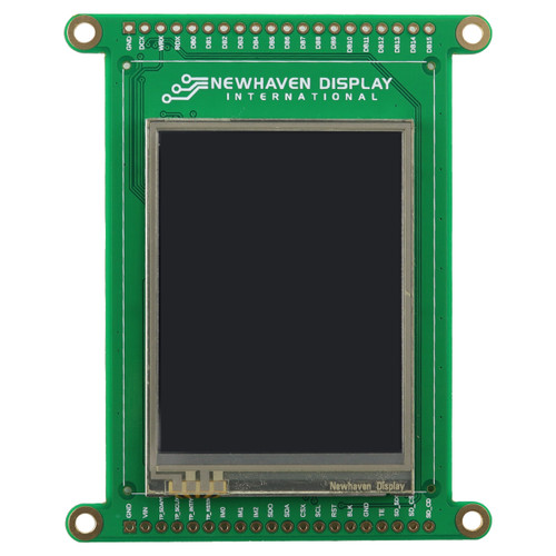 Front view of a green circuit board with an integrated 2.4-inch IPS TFT display that is turned off and black.