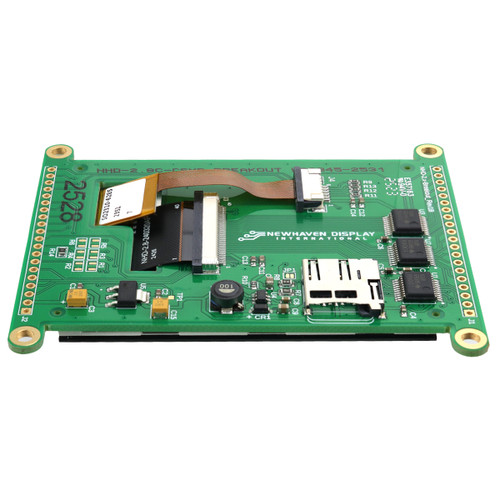 Back horizontal view of a green circuit board with the back edge angled slightly toward the camera to show various components, connections, and a microSD card reader.