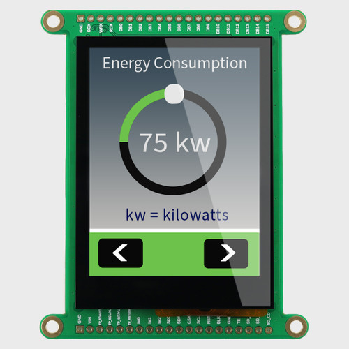 Front view of a green circuit board with an integrated 2.8-inch IPS TFT display showing a power consumption readout inside a circular graphic with left and right directional buttons on a grey background.
