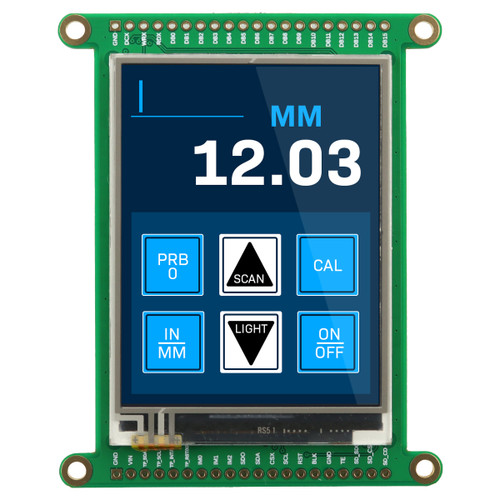 Front view of a green circuit board with an integrated 2.8-inch IPS TFT display showing a dark blue graphic with a measurement and six menu/navigation buttons.