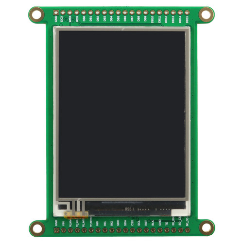 Front view of a green circuit board with an integrated 2.8-inch IPS TFT display that is turned off and black.