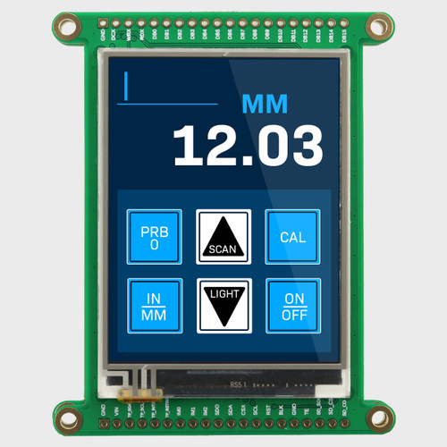 Front view of a green circuit board with an integrated 2.8-inch IPS TFT display showing a dark blue graphic with a measurement and six menu/navigation buttons.
