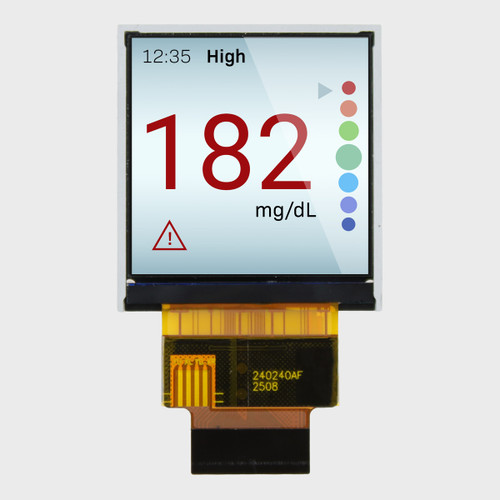Front view of a square 240x240 pixel IPS TFT LCD with an attached 28-pin FPC cable showing a blood glucose reading.