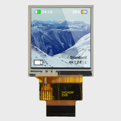 Front view of a square 240x240 pixel IPS TFT LCD with an attached 28-pin FPC cable showing a camera preview image of a glacier.