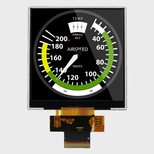 Front view of a square 480x480 pixel IPS TFT LCD with an attached 40-pin FPC cable showing an airspeed gauge graphic.