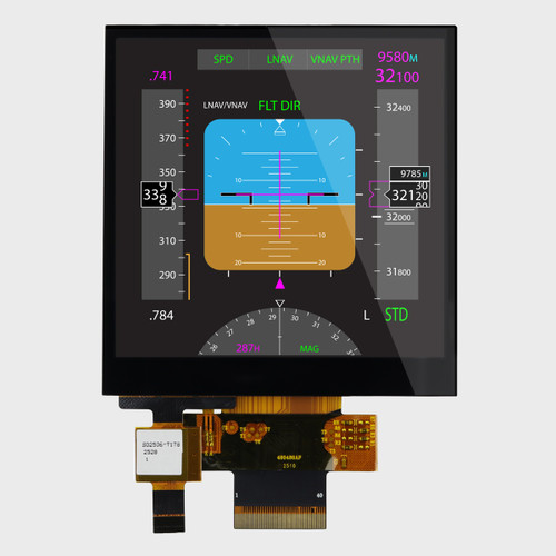 Front view of a square 480x480 pixel IPS TFT LCD with an attached 40-pin FPC cable showing a flight gauge graphic.