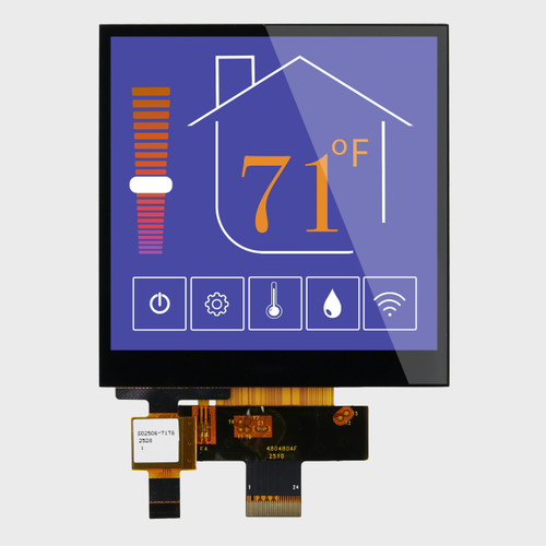 Front view of a square 480x480 pixel IPS TFT LCD with an attached 40-pin FPC cable showing a smart home thermostat graphic.