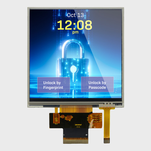 Front view of a square 480x480 pixel IPS TFT LCD with an attached 40-pin FPC cable showing a lock screen with touch-controlled buttons.