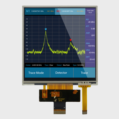 Front view of a square 480x480 pixel IPS TFT LCD with an attached 40-pin FPC cable showing a testing graph output with touch-controlled buttons.