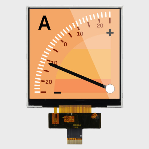 Front view of a square 480x480 pixel IPS TFT LCD with an attached 40-pin FPC cable showing a gauge graphic.