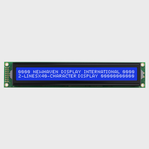 Front view of a 40x2 character LCD module with white text on a blue background.
