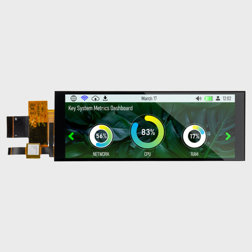 Front view of a bar-type TFT LCD with 480x1280 pixels IPS display with capacitive touchscreen attached showing a dashboard for a server rack on the screen.