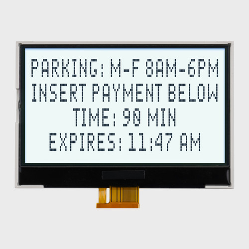 Front view of a 4x20 character LCD COG showing dark text on a backlit white screen.