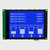 Front view of a 320x240 graphic LCD showing an information readout showing white pixels on a vibrant blue background.