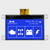 Front view of a 128x64 pixel graphic COG LCD with mounting tabs showing backlit white automotive icons on a blue background.
