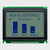 Front view of a 128x64 pixel graphic LCD showing an audio balancing menu in dark pixels on an unlit STN+ gray background.