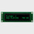 Front view of a 20x2 character OLED display module on a green PCB showing illuminated green text on a black background.