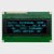 Front view of a 20x4 character OLED display module on a green PCB showing illuminated blue text on a black background.