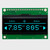 Front view of a 128x32 pixel monochrome blue graphic OLED display on a green PCB showing a simple informational readout.