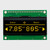 Front view of a 128x32 pixel monochrome yellow graphic OLED display on a green PCB showing a simple informational readout.