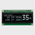 Front view of a 256x64 pixel monochrome blue graphic OLED display on a green PCB showing a simple informational readout.