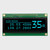 Front view of a 256x64 pixel monochrome blue graphic OLED display on a green PCB showing a simple informational readout.
