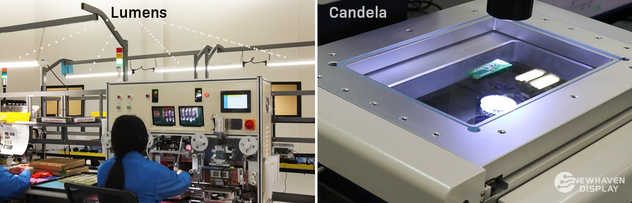 Example of lumens and candela at Newhaven Display facility.
