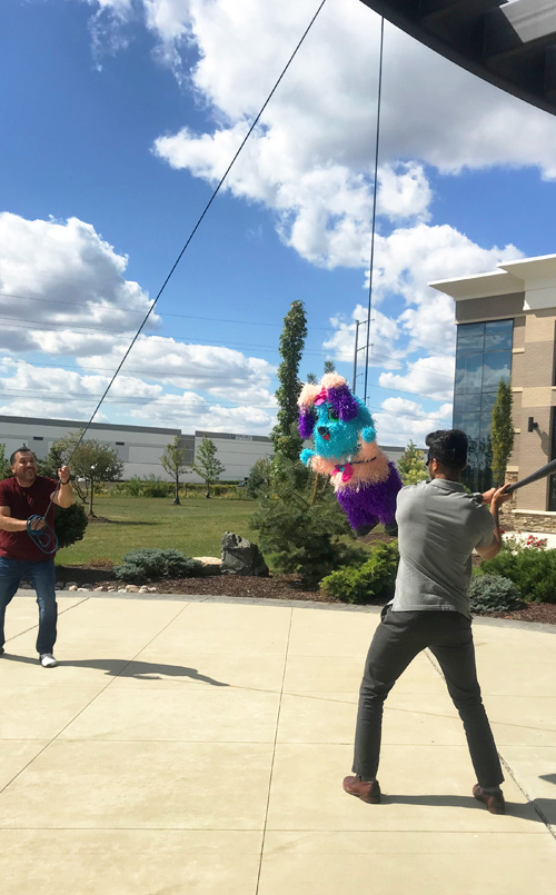 having some fun at Newhaven Display hitting a pinata