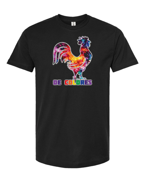 An image of a chicken in cosmic rainbow colors on a t-shirt, a collaboration between Game On! Productions and Indiana Graphics.