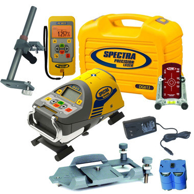 Spectra DG613-6 Dialgrade Pipe Laser with Large Pipe Centering Plate (metric), Vertical Pole, Remote Control, Target and Rechargeable Batteries