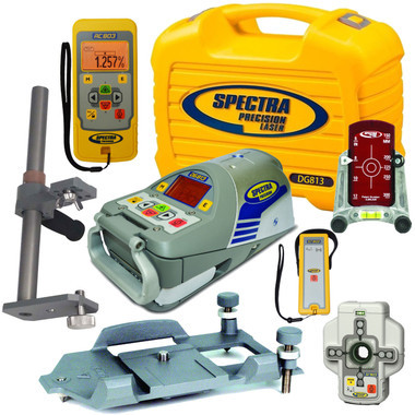 Spectra Precision DG813-6 Pipe Laser with Dialgrade graphic-display, Large Pipe Plate (metric), Vertical Pole, Remote, Spot Finder