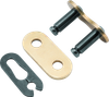 Close-up of a gold ProTaper PT415MX clip-style non-O-ring chain master link showing side plates, pins, and retaining clip on a white background.