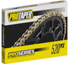 Front view of the ProTaper Pro Series Forged 520 Racing Chain retail box highlighting the gold-plated links and unsealed roller construction on a plain white backdrop.