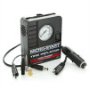 Antigravity Micro-Start AG-MSA-9 mini tire inflator and air compressor kit with its ultra-compact black composite plastic casing and built-in analogue pressure dial, shown with its integrated air line hose, a short 12-inch power pack connection lead, an extra 9-foot cigarette lighter cable, and accessory valve tips arranged on a clean white background.
