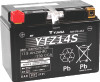 Yuasa YTZ14S YUAM72Z14 factory activated maintenance-free heavy duty AGM battery showing its compact black poly-propylene casing with a solid black top layout, featuring molded copper-alloy terminal inserts with left-side negative and right-side positive orientation, isolated against a solid white studio background.