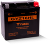 Yuasa GYZ16HL YUAM716GHL factory activated maintenance-free heavy duty AGM battery showing its rugged black poly-propylene casing with a black top layout, featuring flush-mounted lead terminal blocks with left-side negative and right-side positive orientation, isolated on a plain white backdrop.