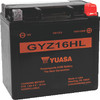 Yuasa GYZ16HL YUAM716GHL factory activated maintenance-free heavy duty AGM battery showing its rugged black poly-propylene casing with a black top layout, featuring flush-mounted lead terminal blocks with left-side negative and right-side positive orientation, isolated on a plain white backdrop.