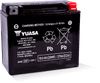 Yuasa YTX20L YUAM420BS maintenance-free AGM 12-volt factory activated battery displaying heavy-duty black case construction and top terminals isolated on a plain background.