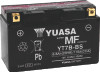 Yuasa YT7B-BS YUAM62T7B maintenance-free AGM 12-volt motorcycle battery showing compact low-profile dry-charged black casing and top terminals isolated against a solid white studio background.