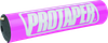A high-resolution studio product photograph of a ProTaper 8-inch Round Bar Pad in Race Pink, set against a clean white background. Displayed at a front-three-quarter angle, the compact 8-inch cylindrical high-density molded foam pad features a glossy bright pink vinyl cover, bold black "PROTAPER" block logo graphics printed across the front, and durable black molded end caps designed for mini-bikes and traditional crossbar-equipped handlebars.