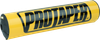 A high-resolution studio product photograph of a ProTaper Molded 8-inch Round Bar Pad in Race Yellow, set against a clean white background. Displayed at a front-three-quarter angle, the cylindrical high-density molded foam handlebar pad features a glossy bright yellow vinyl cover, bold black "PROTAPER" block logo graphics printed across the front, and black molded end caps designed to fit traditional crossbar-equipped handlebars.
