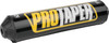 A high-resolution studio product photograph of a ProTaper Fuzion Bar Pad in Black, set against a clean white background. Displayed at a front-three-quarter angle, the cylindrical high-density molded foam pad features a sleek black vinyl cover, bold yellow and white "PROTAPER" block logo graphics printed across the front, subtle white "FUZION" branding on the side, and durable black molded end caps designed specifically for ProTaper Fuzion crossbar handlebars.