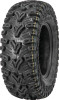 A high-resolution studio product photograph of a QuadBoss QBT448 Utility ATV/UTV tire in size 25x8-12, set against a clean white background. Displayed at a front-three-quarter angle, the heavy-duty front utility ATV/UTV tire features an aggressive multi-surface tread pattern with deep lug spacing for mud dispersion and extended shoulder lugs for enhanced sidewall protection and cornering bite. Constructed with a 6-ply rated carcass, the durable black rubber casing displays crisp embossed sidewall text including "QUADBOSS", "QBT448", and "25x8-12".