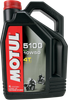 A high-resolution studio product photograph of a 4-liter container of Motul 5100 4T Technosynthese engine oil in 10W-50 viscosity, set against a clean white background. Standing upright at a front-facing angle, the heavy-duty matte black plastic jug features an ergonomic integrated top handle, side grip ridges, and a red twist-off cap. The distinct front label displays a dark panel featuring a motorcycle silhouette graphic alongside bright green and white "5100", "10W-50", "TECHNOSYNTHESE®", "ESTER", and "4T MOTOR OIL" callouts above the white "MOTUL" logo set on a bold red banner.