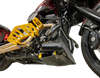 Thrashin Supply Co. carbon-fiber skid plate with gold brackets installed beneath a touring motorcycle