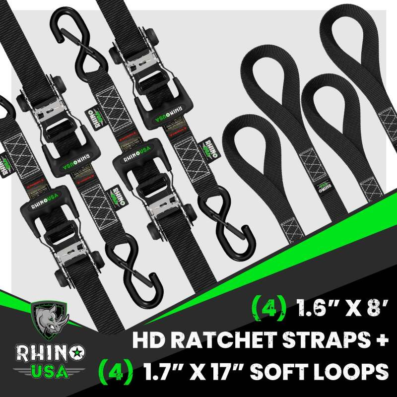 Rhino USA Heavy Duty Ratchet Tie-Down 4-Pack - 1.6 inch x 8 ft