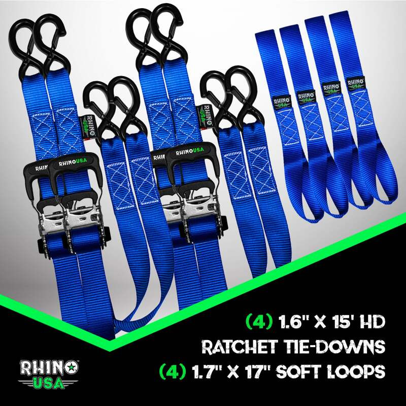 Rhino USA Heavy Duty Ratchet Tie-Down 4-Pack, 1.6 Inch x 15 Feet, Blue - Part Number TD-GC1.6X15-BLU