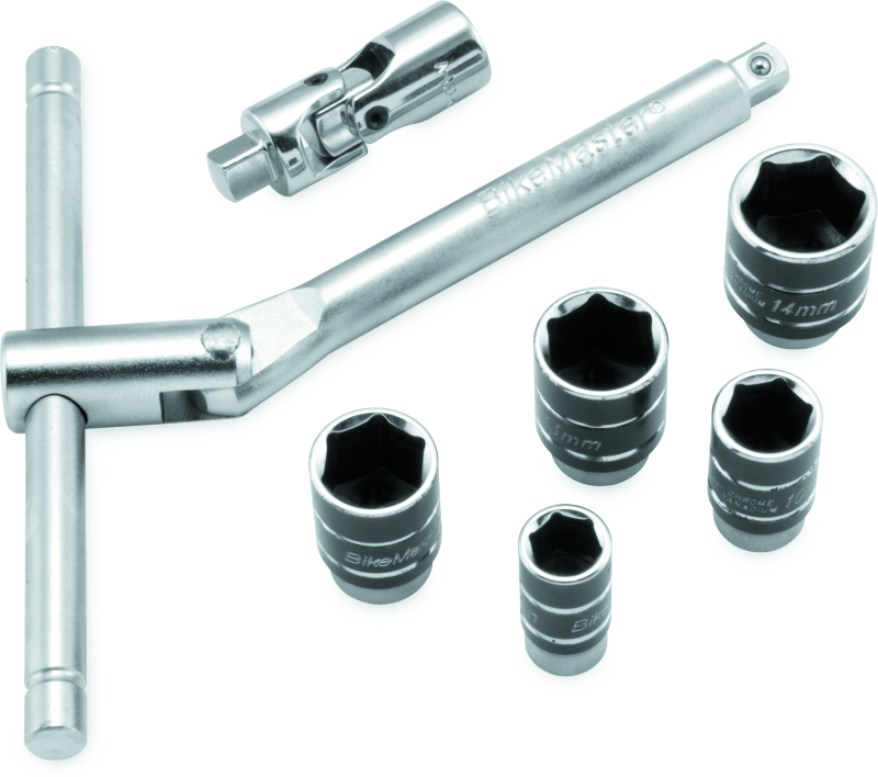 BikeMaster 1/4 inch Drive Compact Sliding and Folding T-Handle Set with 6-Point Sockets