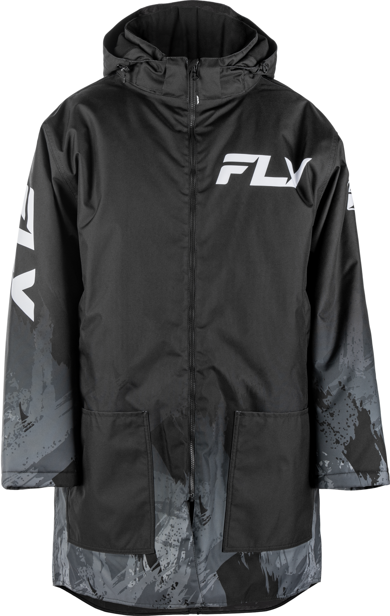 Fly Racing 470-4053S Pit Coat in Black – Waterproof, Insulated, Extended Length Design for Racing